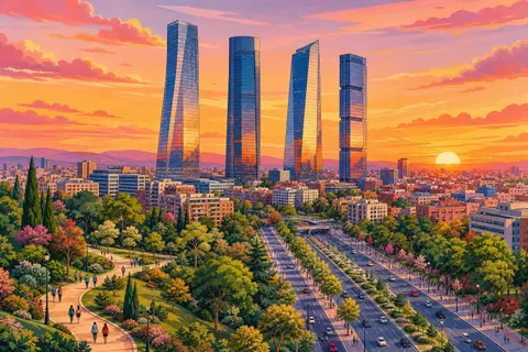 Cuatro rascacielos de cristal de Madrid al atardecer sobre un parque verde