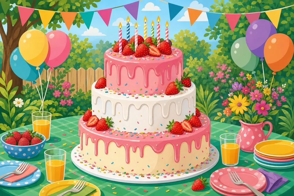 Torta de tres pisos con cobertura rosa, fresas y velas sobre una mesa de fiesta