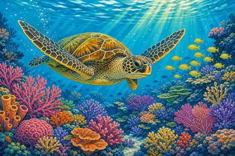 Tortuga marina nadando sobre un arrecife de corales de colores con peces amarillos