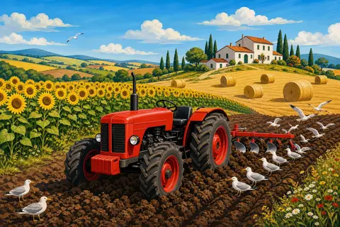 Tractor rojo arando un campo marrón junto a girasoles, con gaviotas y un cortijo blanco