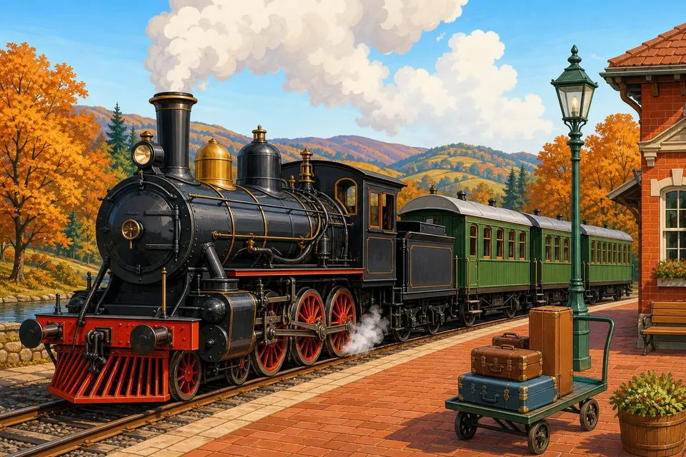 Locomotora de vapor negra con ruedas rojas y vagones verdes junto a un andén