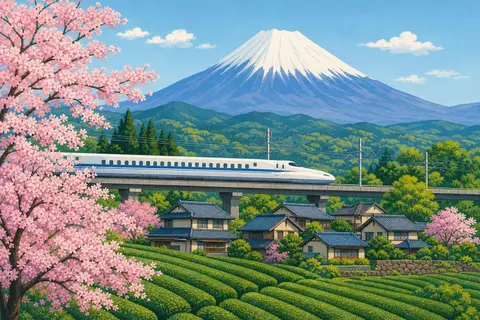 Tren bala blanco con franja azul entre cerezos en flor y un volcán nevado al fondo