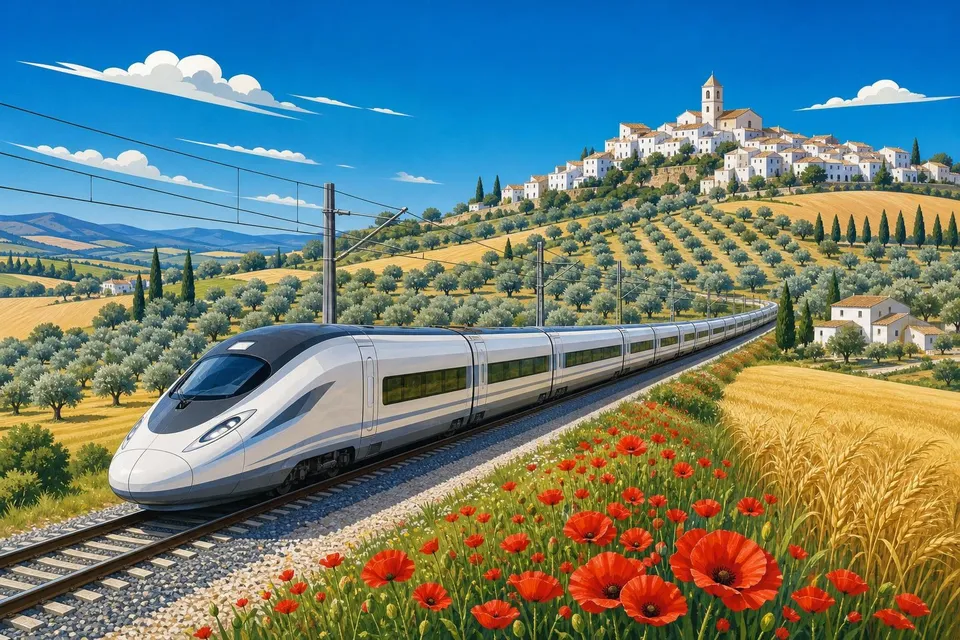 Tren de alta velocidad blanco cruzando olivares y trigales con amapolas junto a la vía