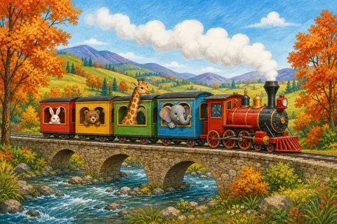 Locomotora roja con cuatro vagones de colores y animales asomados a las ventanas sobre un puente de piedra