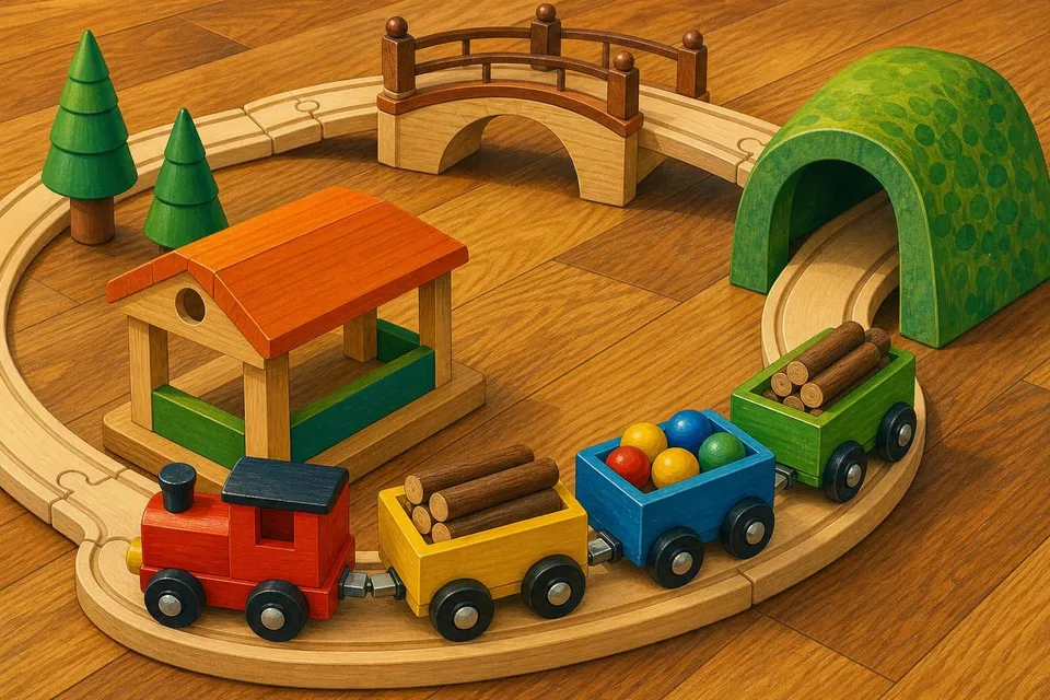 Tren de madera con locomotora roja y vagones de colores sobre una vía curva