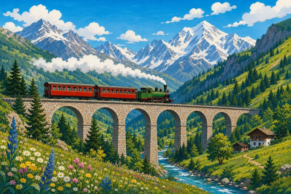 Locomotora de vapor verde con vagones rojos sobre un viaducto de piedra en un valle alpino