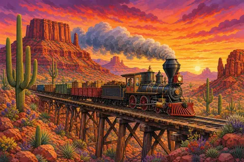 Locomotora antigua con chimenea de embudo cruzando un puente de madera en un desierto rojo