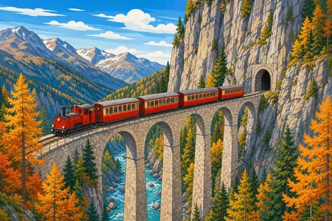 Tren rojo sobre un viaducto curvo de piedra que entra en un túnel, con alerces dorados