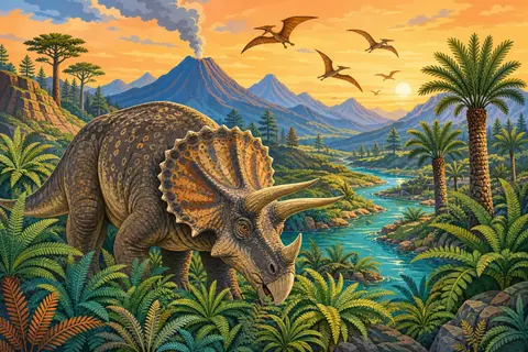 Triceratops pastando entre helechos gigantes en un valle con río y volcanes lejanos bajo cielo naranja