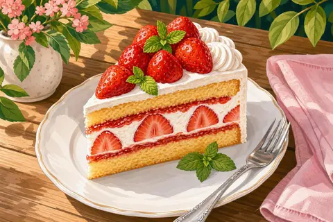 Porción de tarta de fresa con nata y fresas glaseadas sobre un plato blanco con tenedor