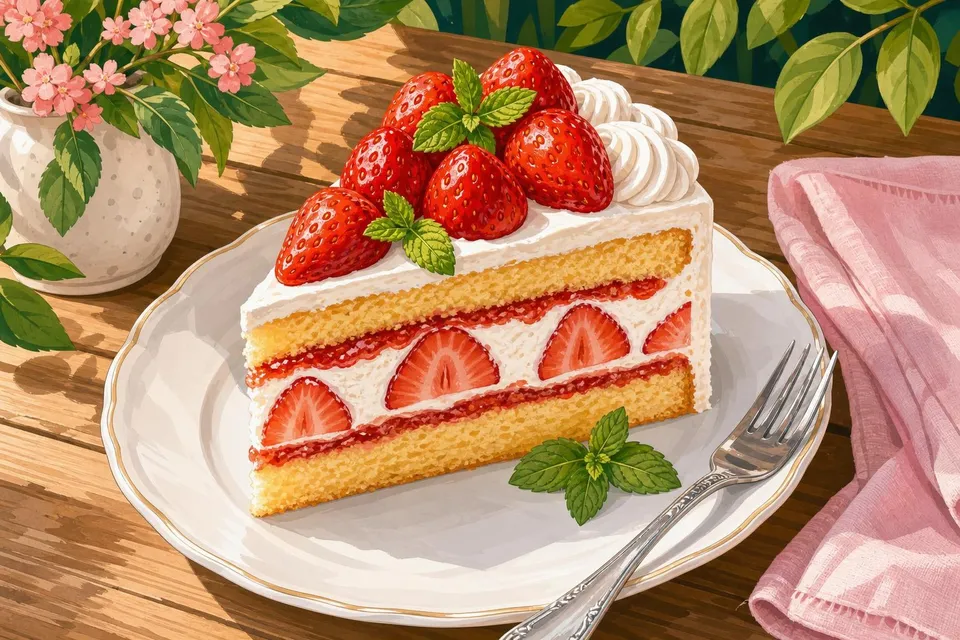 Porción de tarta de fresa con nata y fresas glaseadas sobre un plato blanco con tenedor