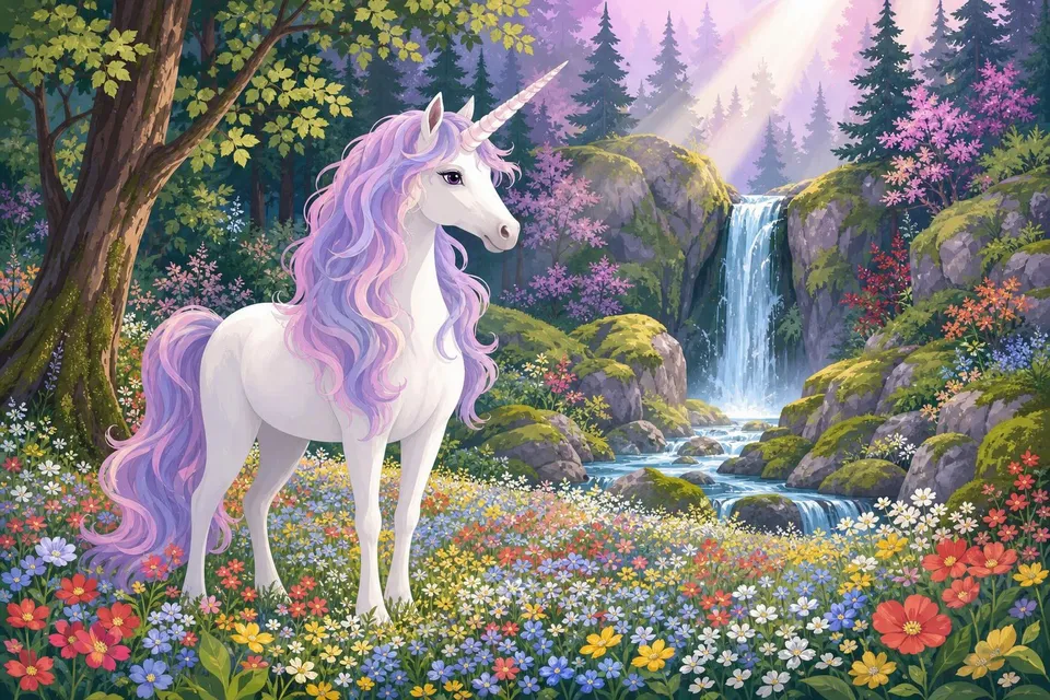 Unicornio blanco de crin lila en un claro del bosque lleno de flores pequeñas