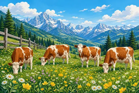 Cuatro vacas pardas y blancas pastando en un prado alpino con flores y montañas