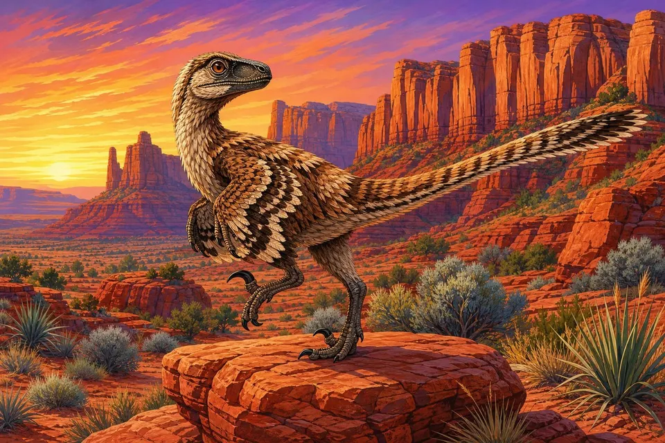 Velociraptor con plumas pardas sobre una roca roja frente a acantilados al atardecer