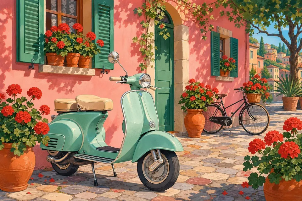 Scooter vintage verde menta ante una fachada rosa con macetas de geranios rojos