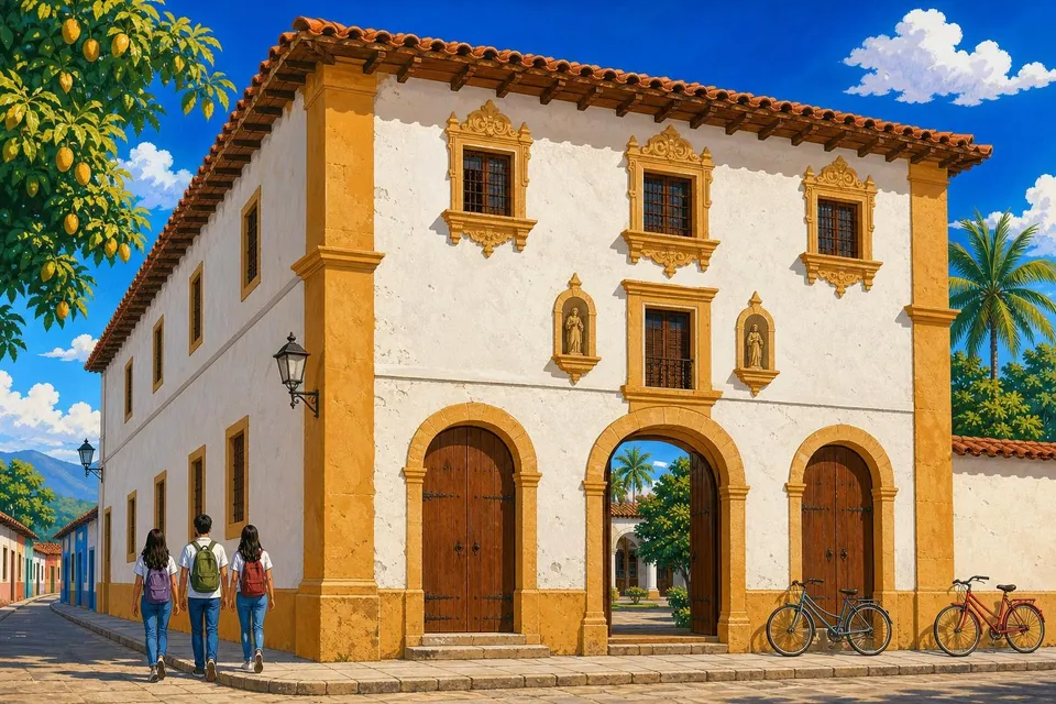 Antiguo convento colonial de Guanare con tres puertas en arco, tejado de barro y patio con columnas