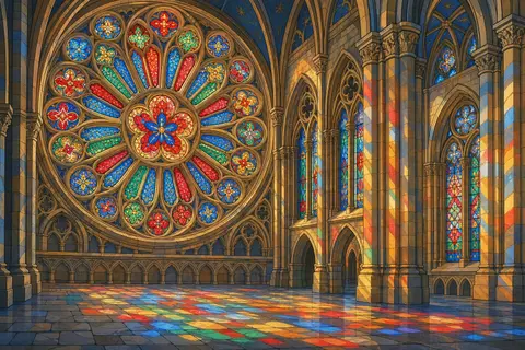 Rosetón gótico de colores iluminado por el sol dentro de una catedral de piedra