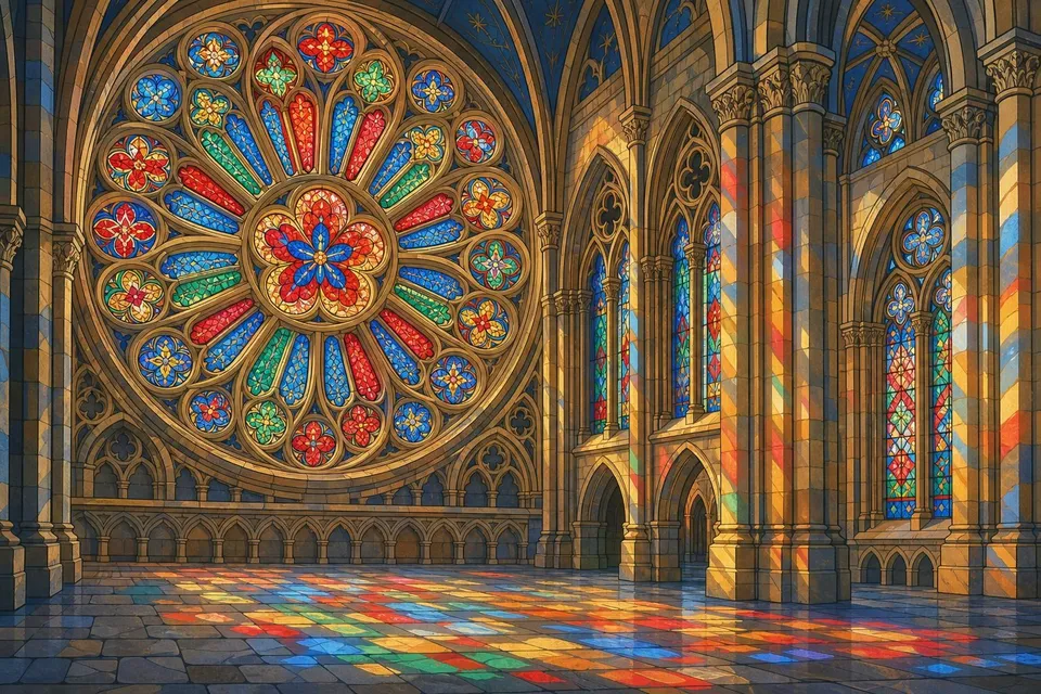 Rosetón gótico de colores iluminado por el sol dentro de una catedral de piedra