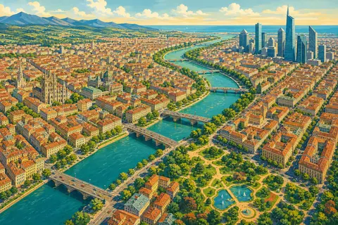 Vista aérea de una ciudad con cuadrícula de calles, un río con puentes, parques y rascacielos