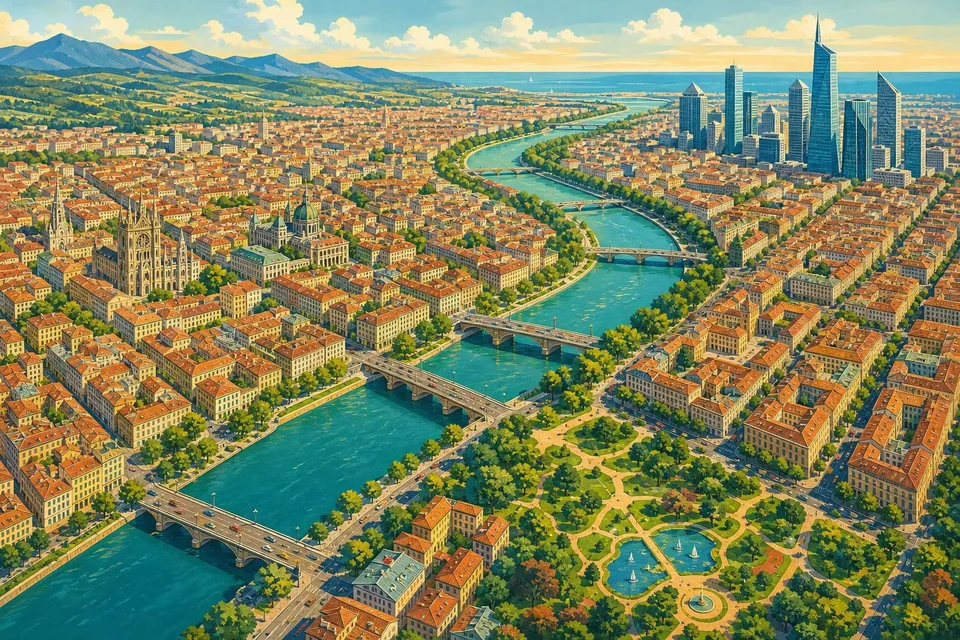 Vista aérea de una ciudad con cuadrícula de calles, un río con puentes, parques y rascacielos