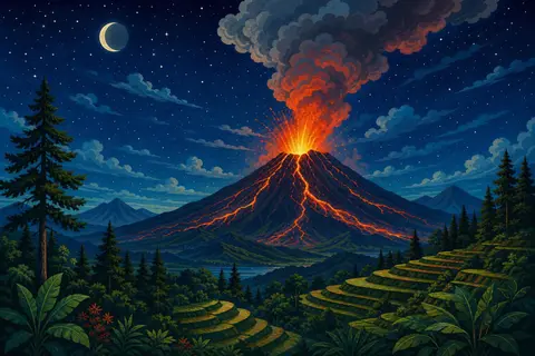 Volcán en erupción de noche con fuentes de lava y ríos rojos por la ladera