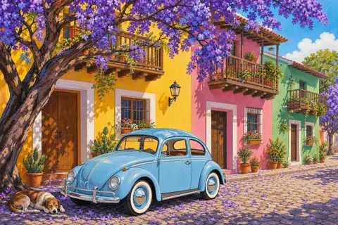 Volkswagen Escarabajo azul celeste aparcado bajo una jacaranda frente a casas de colores