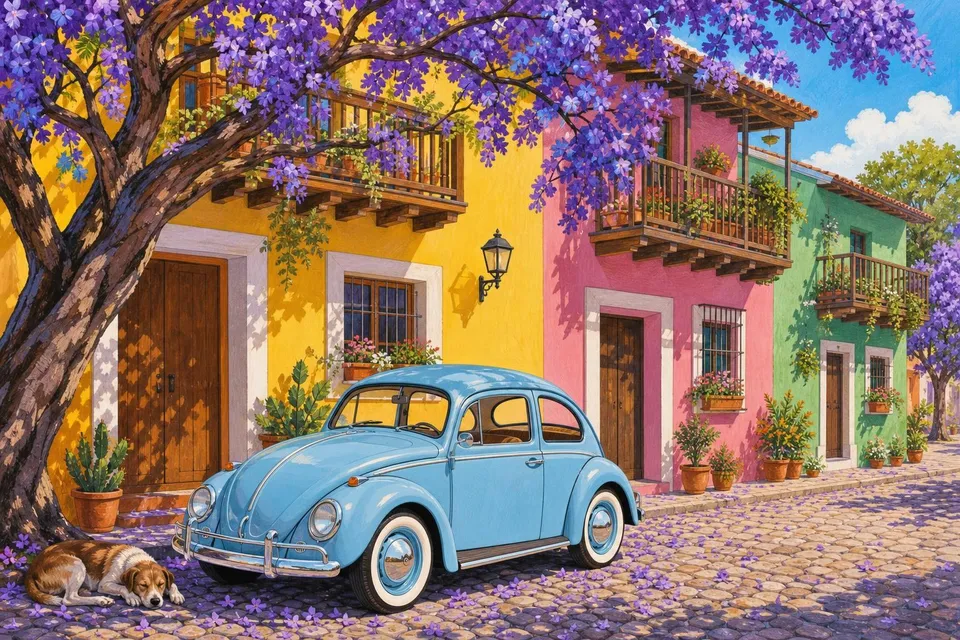 Volkswagen Escarabajo azul celeste aparcado bajo una jacaranda frente a casas de colores
