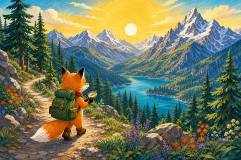 Zorro naranja con mochila verde y brújula caminando por un sendero de montaña junto a un lago