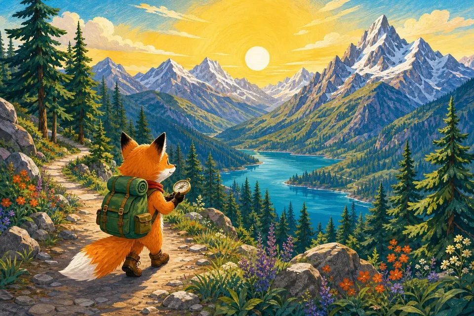 Zorro naranja con mochila verde y brújula caminando por un sendero de montaña junto a un lago