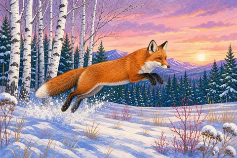 Zorro rojo saltando sobre un prado nevado con abedules blancos detrás